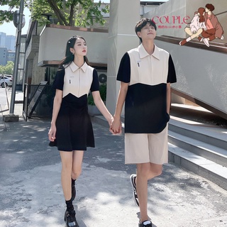 【COUPLE】❤❤2022夏季新情侶撞色A字型連衣裙韓版顯瘦短袖裙子男T恤衫