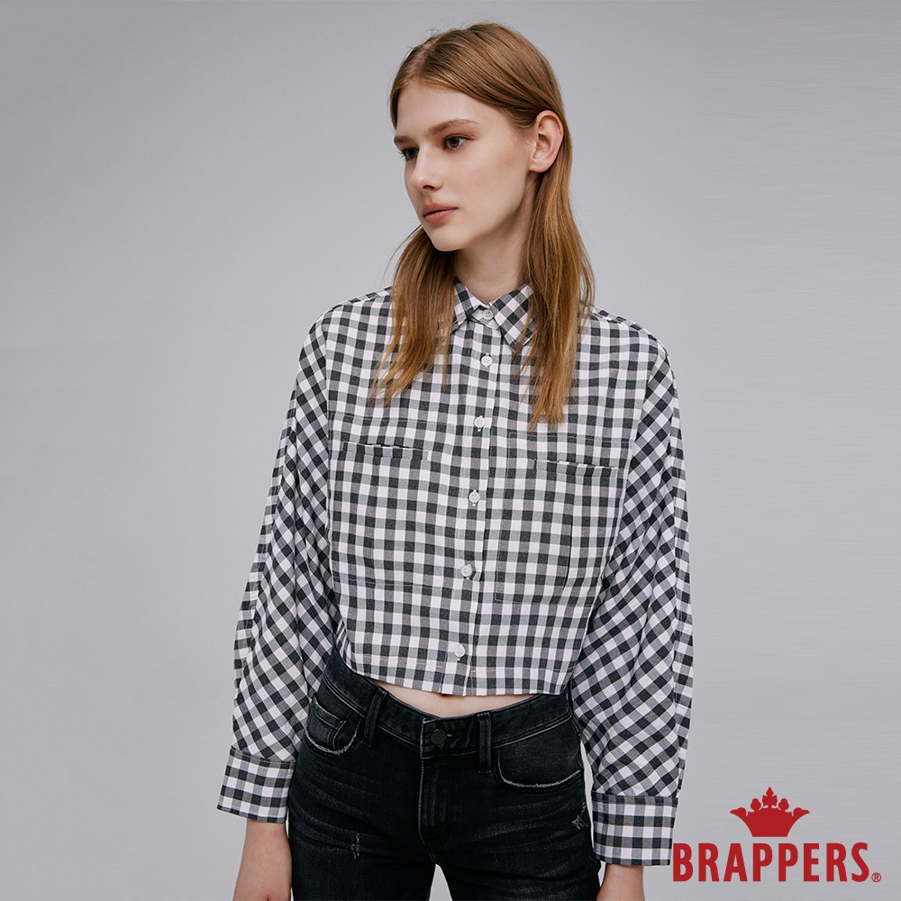 BRAPPERS 女款 短版造型格紋襯衫-黑白格