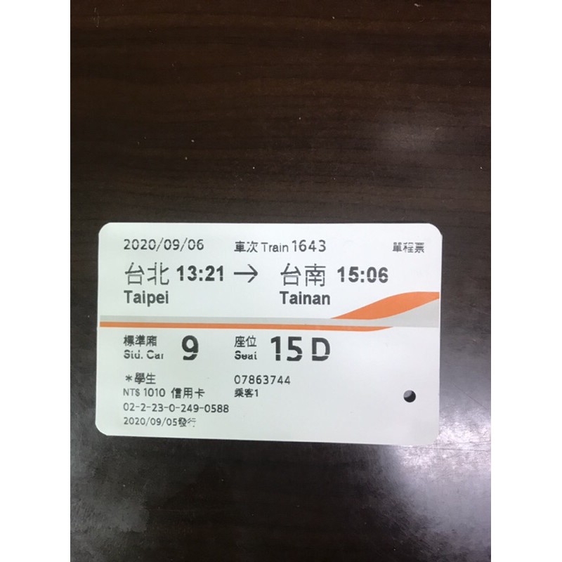 2020 9 6 台北到台南高鐵票根 蝦皮購物