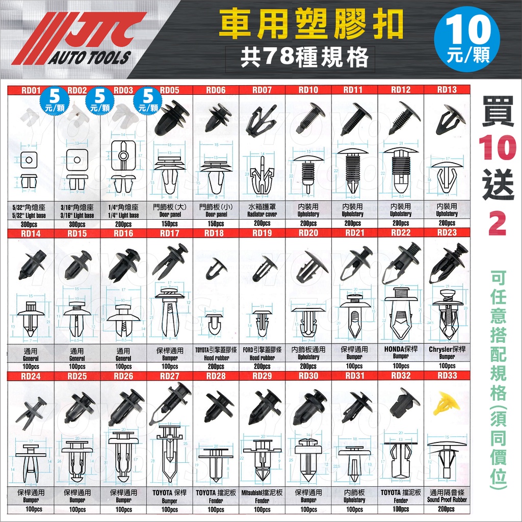 現貨【YOYO汽車工具】JTC 車用塑膠扣 塑膠扣 塑膠粒 卡扣 卡榫 膠扣 保桿 擋泥板 內飾板 腳踏板 豐田 福特