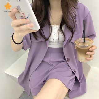 MUVZ【小眾設計】韓國ins春季時尚高級紫色顯白氣質短袖西裝外套+高腰寬版短褲套裝