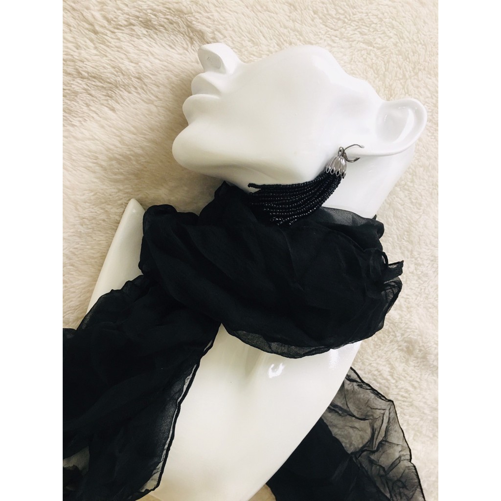 （二手）日本製 黑色長條純色絲巾 絲質圍巾 長版絲巾