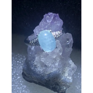 純手作-天然海藍寶水晶鑲嵌鋯石純銀戒指/活動戒
