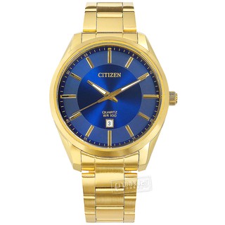 CITIZEN / 簡約時尚 日期 防水100米 日本機芯 不鏽鋼手錶 藍x鍍金 / BI1032-58L / 42mm
