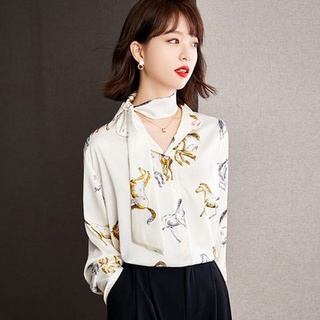 長袖襯衣 上衣S-2XL 氣質緞面襯衫女設計感小眾法式印花長袖上衣千金小姐版NC400A.6660愛尚依人