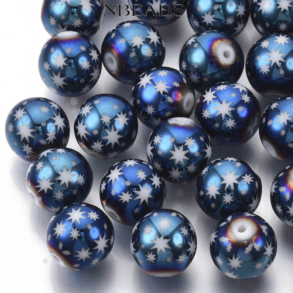Nbeads 圓形電動玻璃珠,星形圖案,藍色,10 毫米。 孔 1.2 毫米。 20個