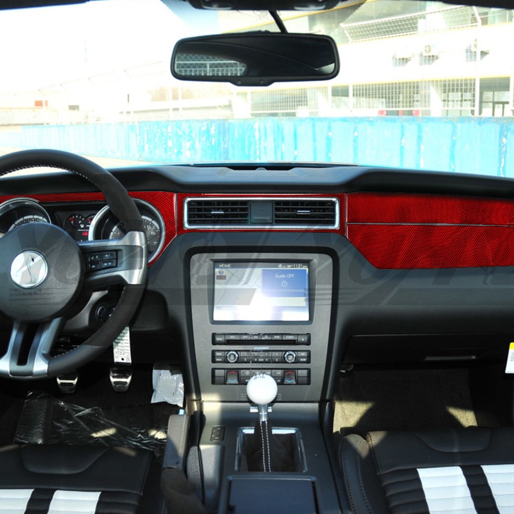 【YUHO高品質】適用Mustang09-13款福特老野馬中控儀表6件-紅色汽車改裝內飾碳纖維配件