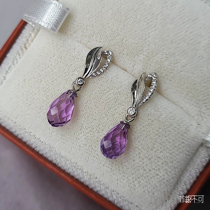 【非銀不可】紫水晶 葉形純銀耳環