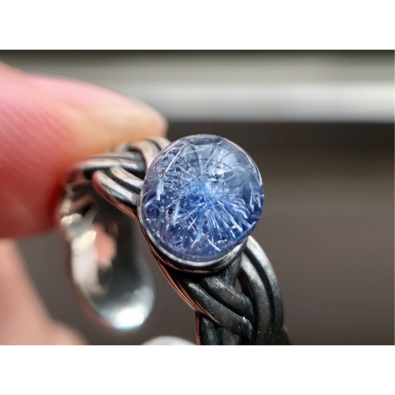 天然水晶 藍線石 藍髮晶 編織款純銀戒指