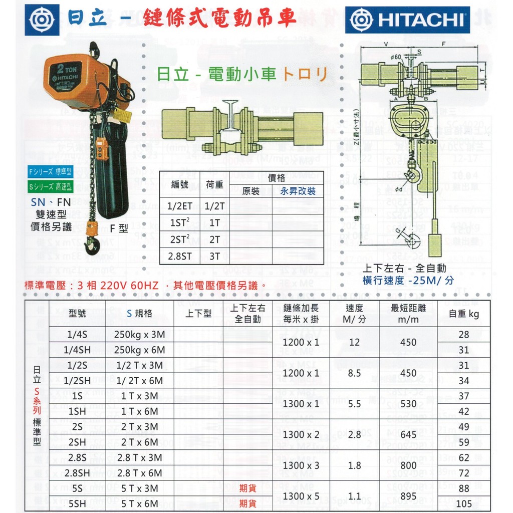 日立HITACHI 鏈條式電動吊車 鍊條式電動吊車 日立S系列標準型/日立F系列高速型 價格請來電或留言洽詢