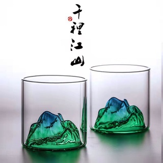❤jack*千里江山玻璃杯子富士山威士忌酒杯家用耐熱觀山水杯藏山茶杯