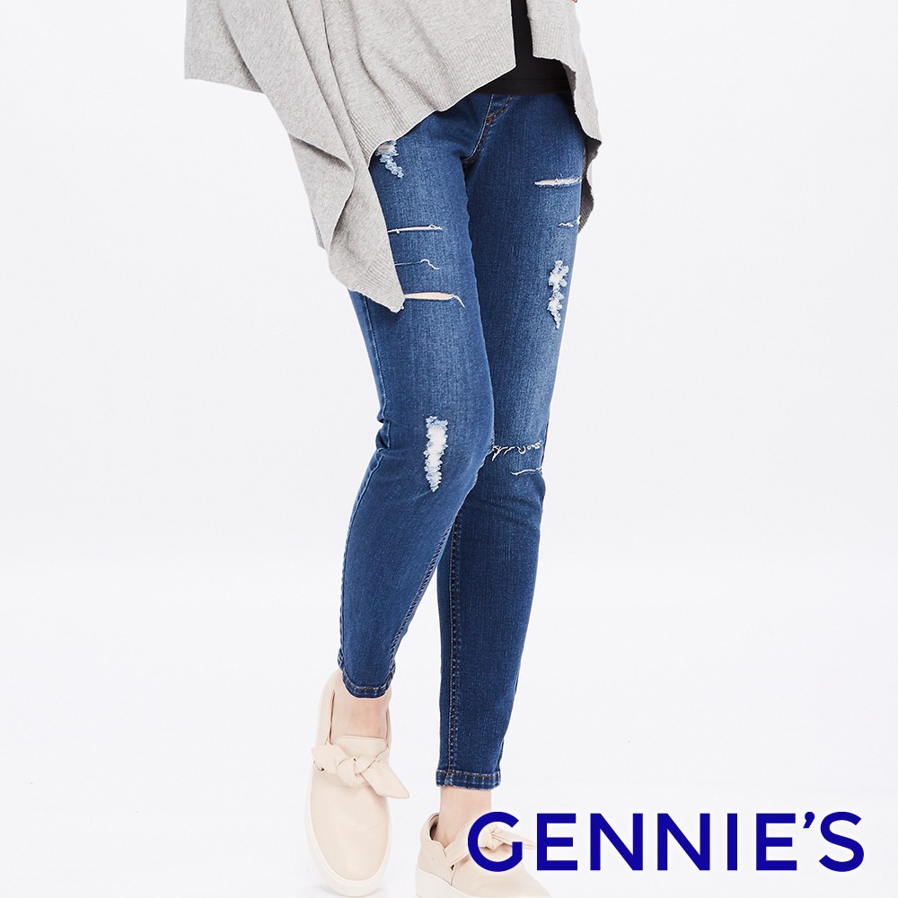 【Gennies 奇妮】個性刷破直筒牛仔長褲-藍(T4E21)