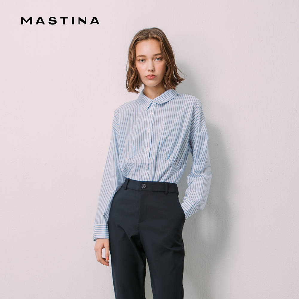 【MASTINA】直條紋顯瘦-女長袖襯衫 條紋 藍 灰(兩色/版型合身)