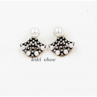 ♥kiki choc♥韓國．復古銅金色細鑽+珍珠扇形後耳式珍珠耳環耳後後扣式長耳環 仿舊古董飾品
