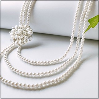 [L033-S]三圈長珍珠花朵鑽飾長項鍊