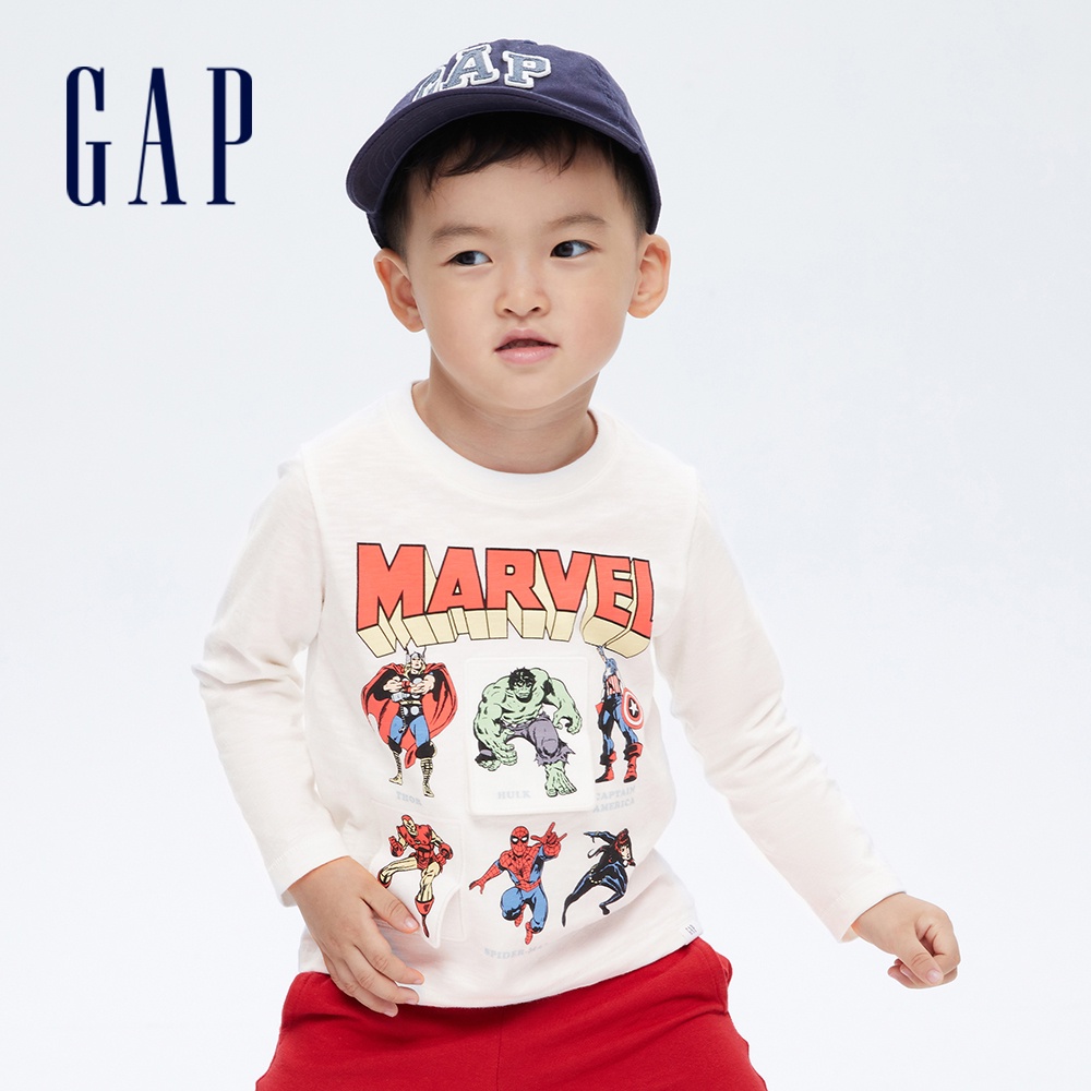Gap 男幼童裝 Gap x Marvel漫威聯名 純棉長袖T恤-白色(732690)