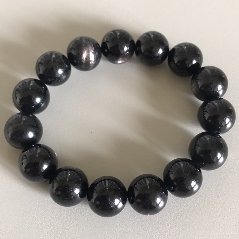 紫蘇輝石/黑銀線石/Hypersthene/超級石英手珠，約14mm