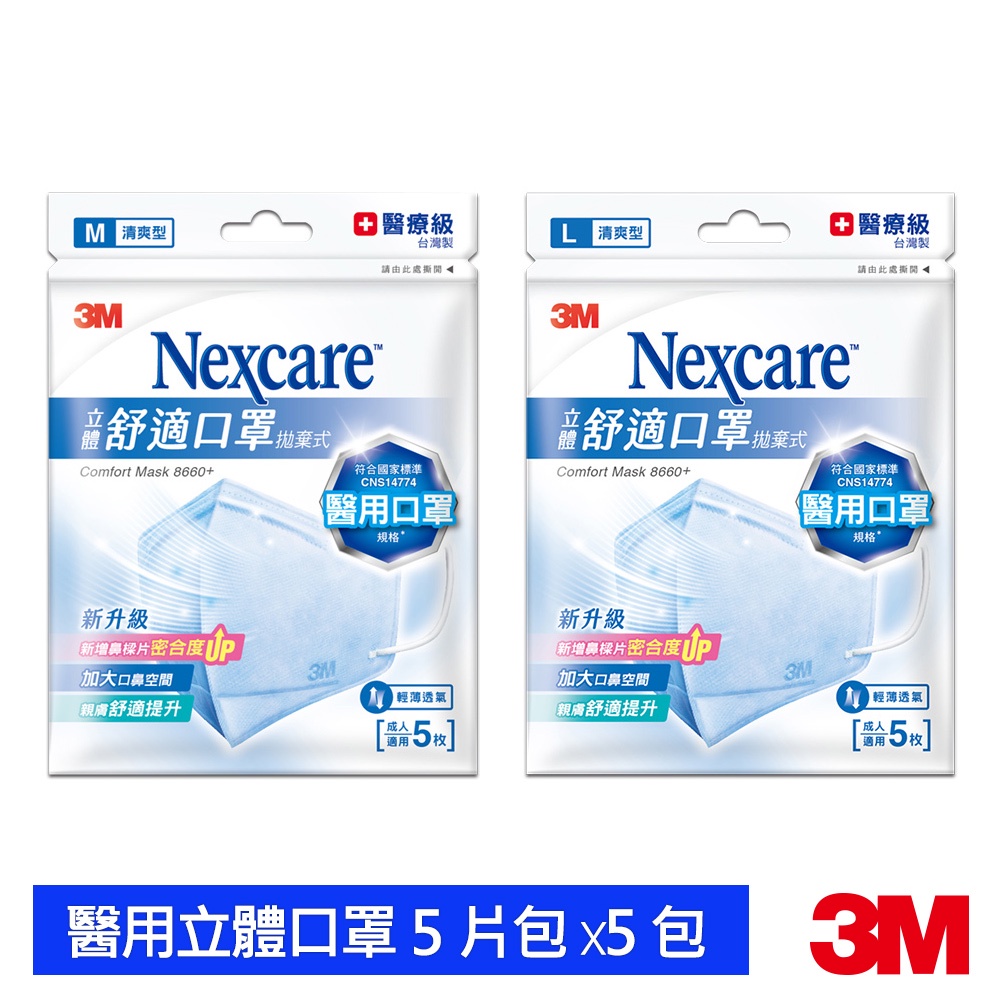 3M Nexcare 醫用舒適口罩 輕爽型 拋棄式8660+ (5片x5包)-共25片 立體口罩