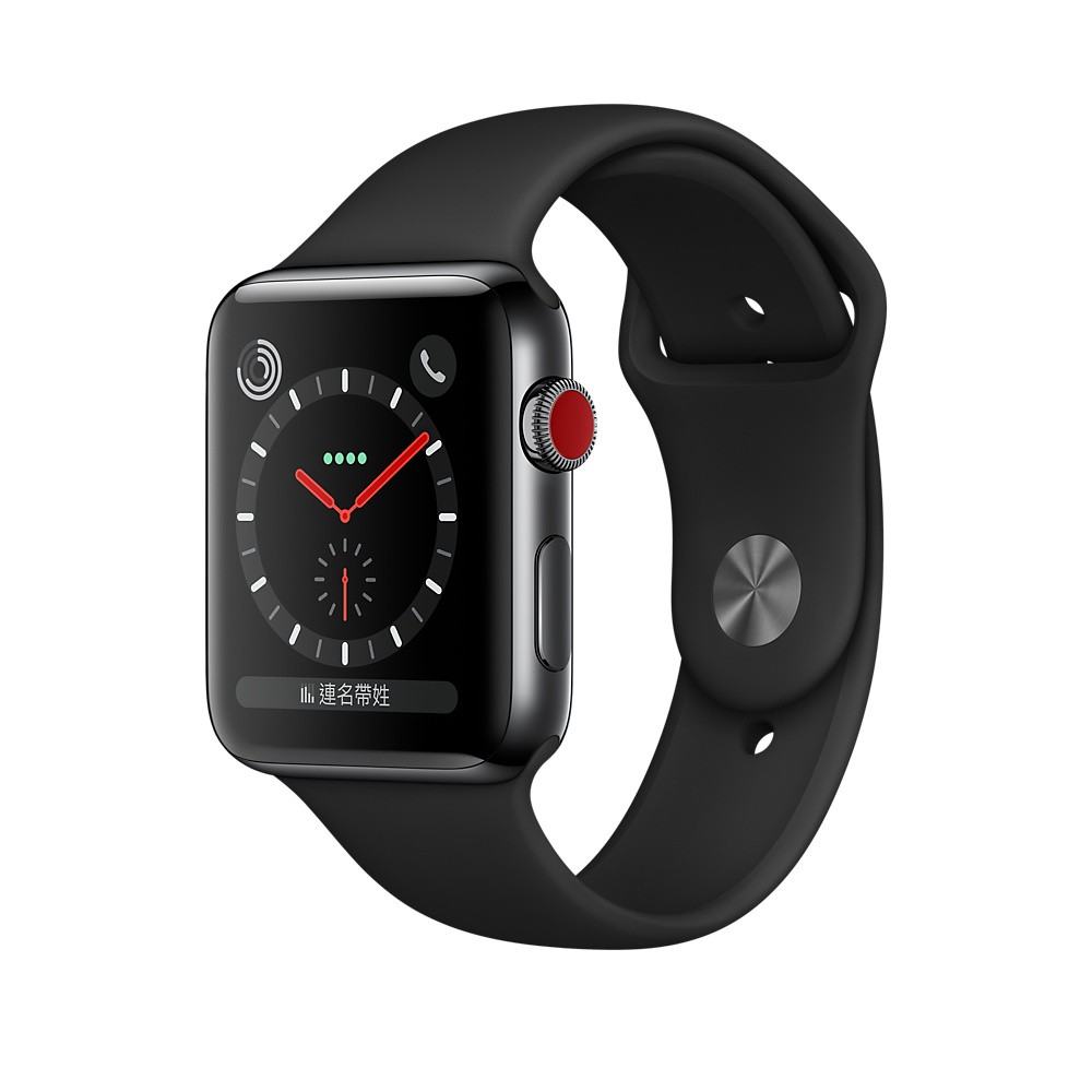 Apple Watch Series 3 (GPS + 行動網路)，42 公釐太空灰色鋁金屬錶殼搭配黑色運動型錶帶