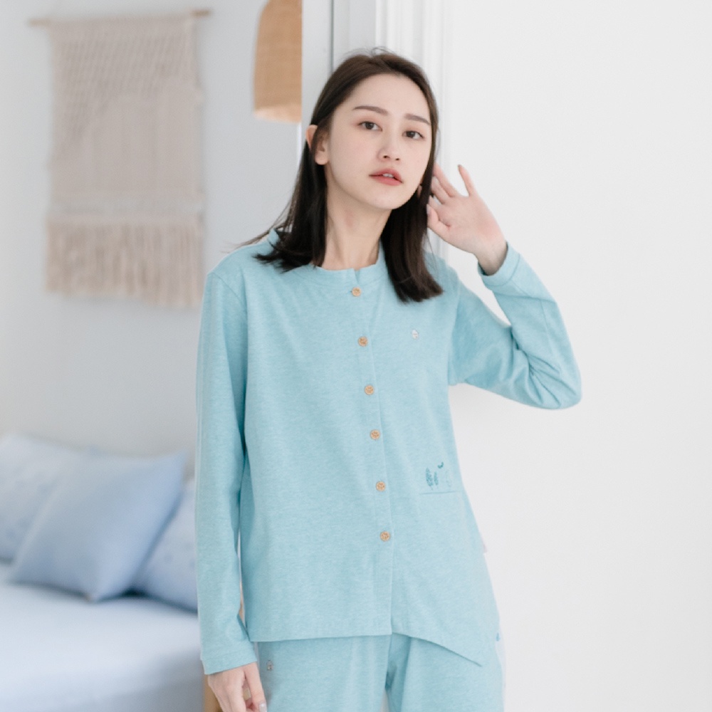 【Fantino Home 凡第諾家居】MIT有機棉不對稱衣襬睡衣套裝-藍(家居服/睡衣/居家服)