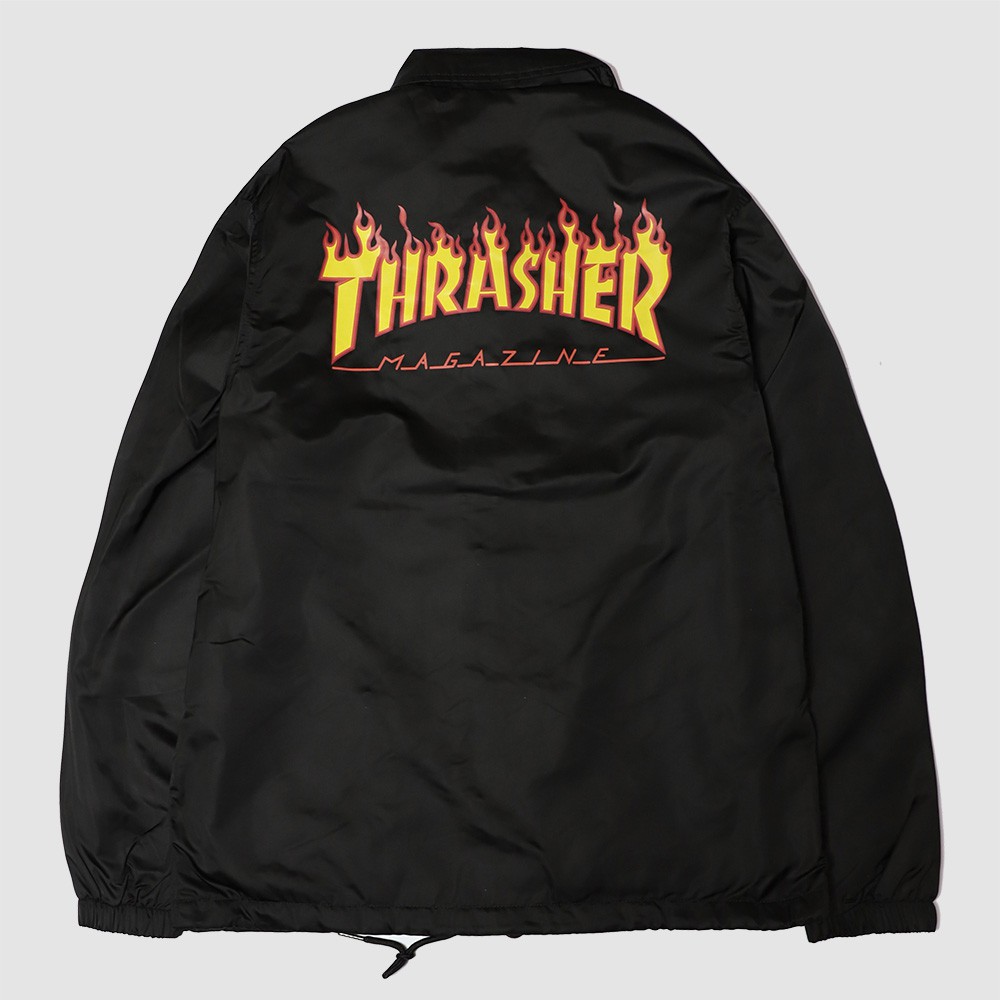 【奎斯特】THRASHER FLAME SATIN COACH JACKET 日線 火焰 LOGO教練外套 黑色 滑板