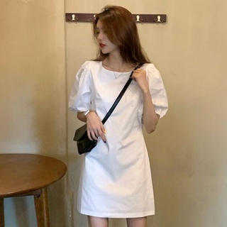短袖洋裝 純色連身裙 長裙 裙子 女裝 泡泡袖白色連身裙女溫柔風法式復古小眾超仙氣質2F137 9315.