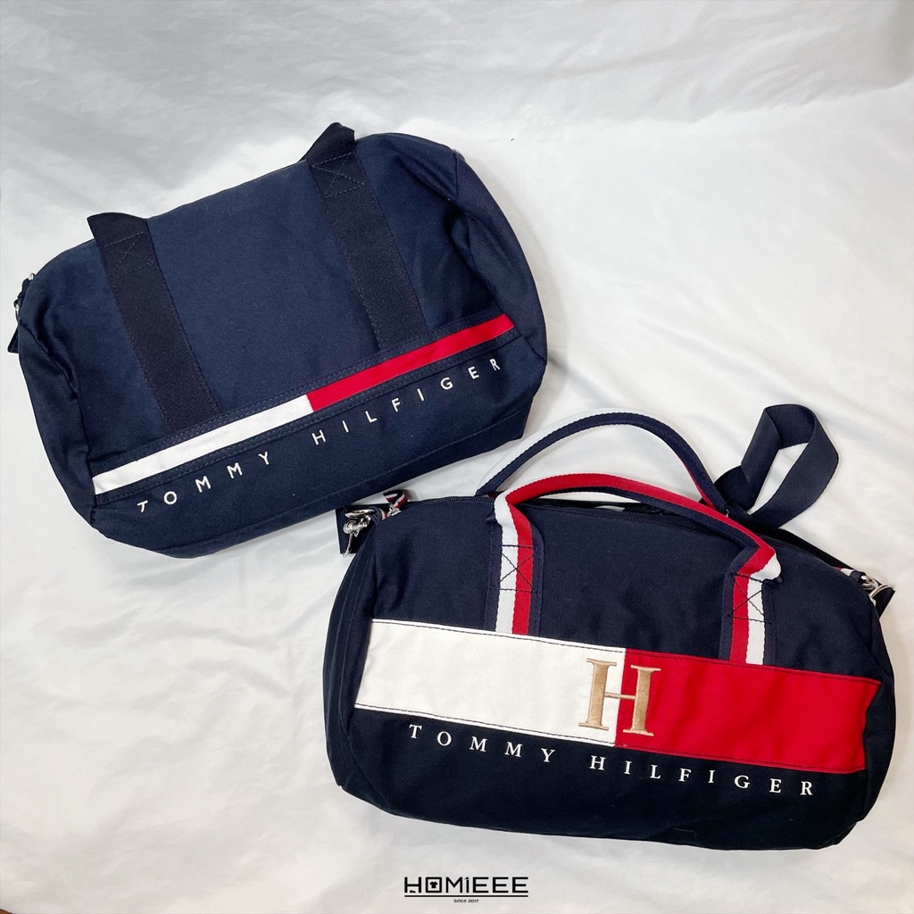 【Homieee】Tommy Hilfiger 旅行袋 圓筒包 經典 帆布 深藍 美國進口正品