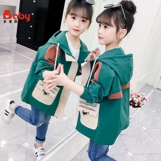 女童風衣 中長款 連帽 春秋 韓版 時尚 中大童 小童 外套 上衣