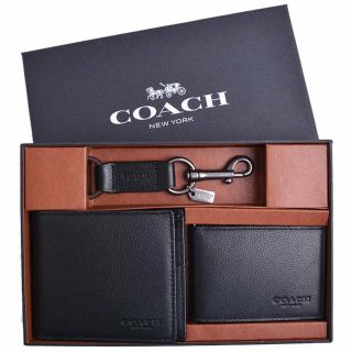 【COACH】壓印LOGO防刮皮革短夾/卡夾/鑰匙圈三件禮盒組(黑)