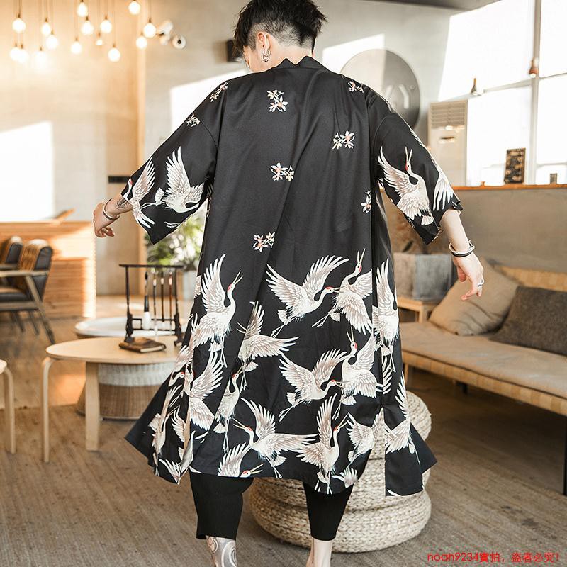 現貨 中國風漢服唐裝男中長款仙鶴道袍古風防曬服和服開衫羽織外套披風 蝦皮購物