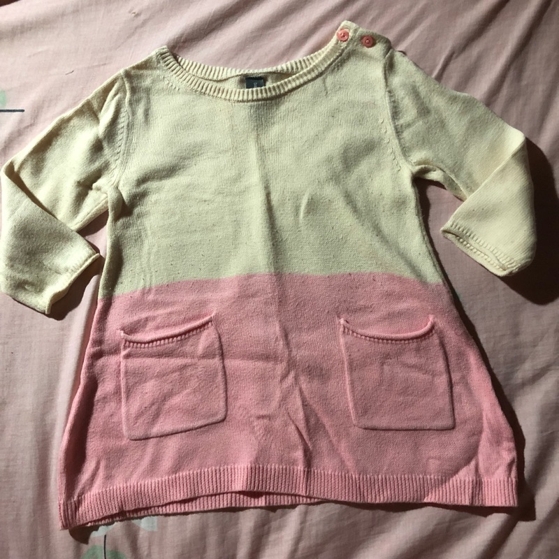 Baby Gap 米色粉色拼接 細針織 長袖洋裝 6-12M