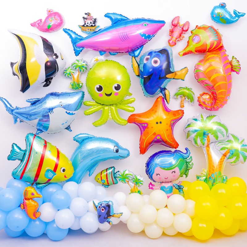 【免運/特惠/精品】生日派對裝飾海洋動物氣球 海豚花枝小龍蝦32寸卡通鋁膜氣球批發
