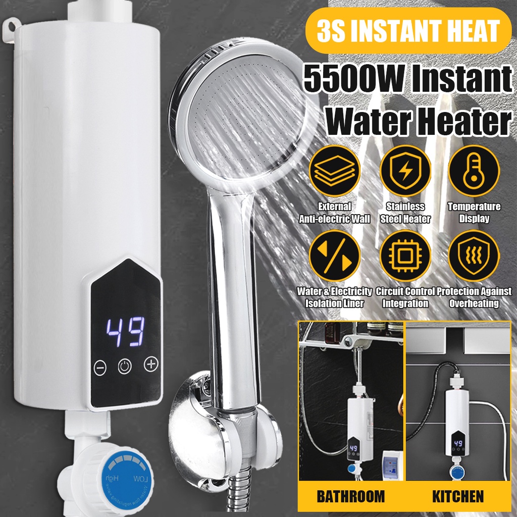 迷你 5500W 即熱式電熱水器淋浴套裝 LCD 數顯無水箱熱水水龍頭加熱器觸摸控制