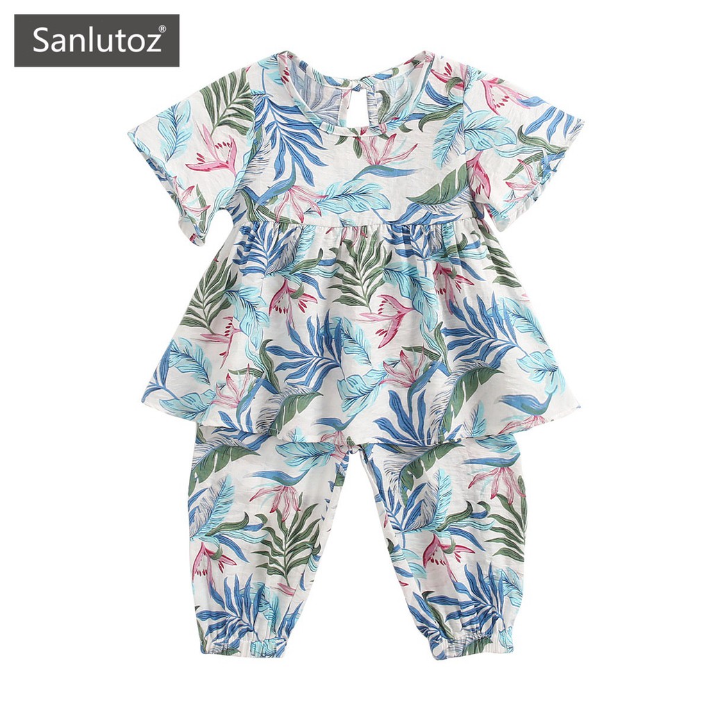 Sanlutoz 純棉嬰幼兒兒童套裝 女寶寶舒適透氣夏裝印花連衣裙+防蚊褲  新款現貨