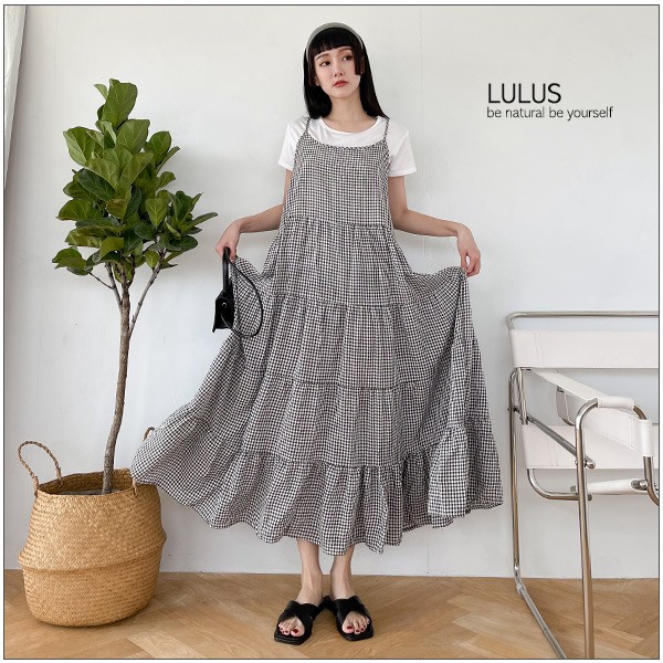 LULUS-全新品-兩件式-圓領T恤+格紋細肩帶洋裝