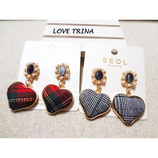 【Love Trina】H5405-8133 格子拼布愛心垂墜針式耳環--鋼針(2色)