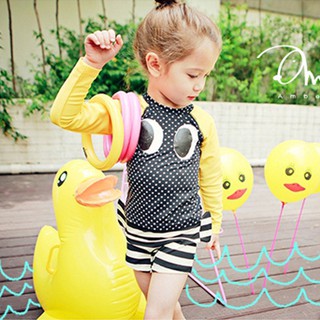 彩色 條紋 造型 兩件套 長袖 兒童泳裝-黑+黃M