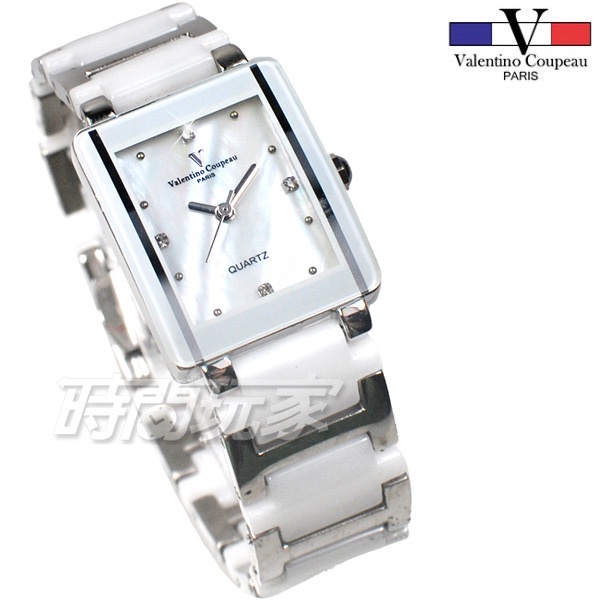 valentino coupeau范倫鐵諾 珍珠螺貝面盤 鑲鑽 方形女錶 防水手錶 不銹鋼 陶瓷錶 V61222白小