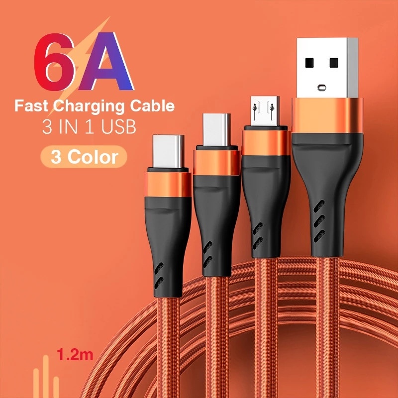 3 合 1 6A 100W 超快速充電數據線 / 尼龍編織 Micro USB C 型充電線, 用於智能手機