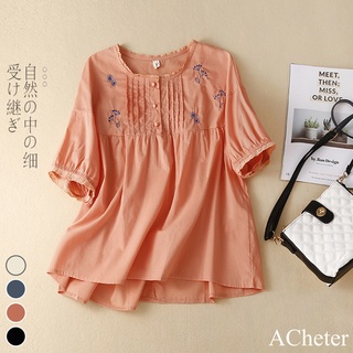 【ACheter】 丹麥文藝刺繡寬鬆百搭棉麻上衣# 112573