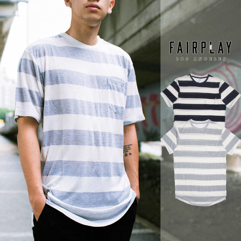FairPlay Louis 灰 藍 短袖T恤 休閒 條紋 輕薄 透氣 長版 短T 條紋T 圓弧下擺 O/T