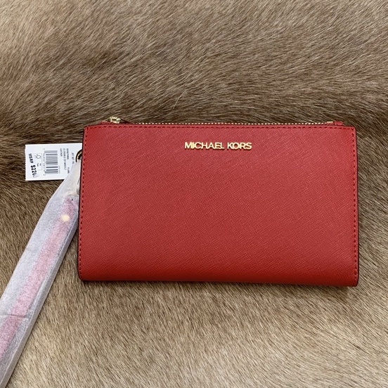 【Michael Kors】MK 紅色 十字紋防刮 真皮 長夾 手機包 皮夾 手拿包 多功能手拿包