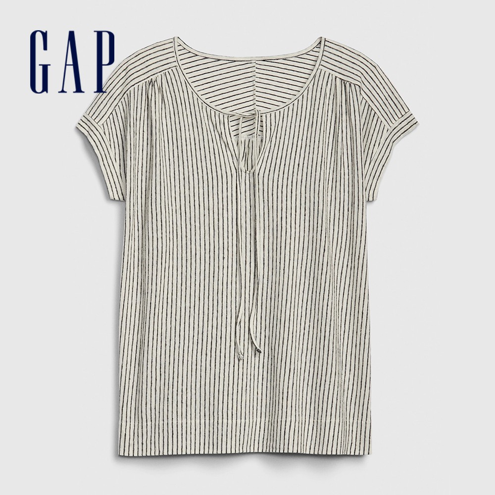Gap 女裝 清爽條紋繫繩開領短袖T恤-黑色條紋(577525)