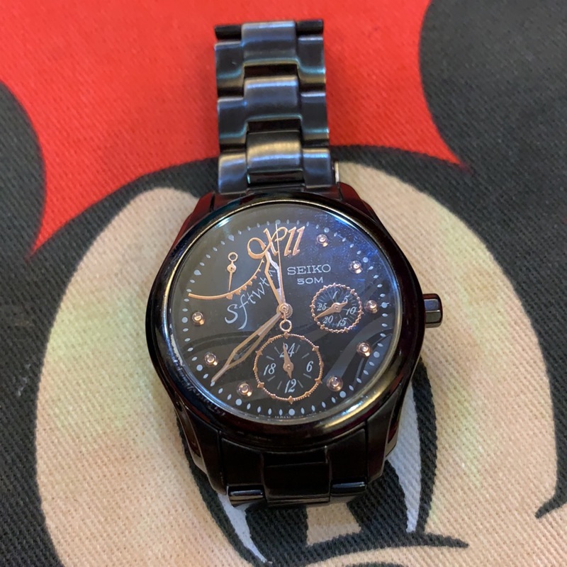 SEIKO 精工錶 黑面盤 玫瑰金指針刻度 黑色鋼錶帶 女錶（九成新）（免運）