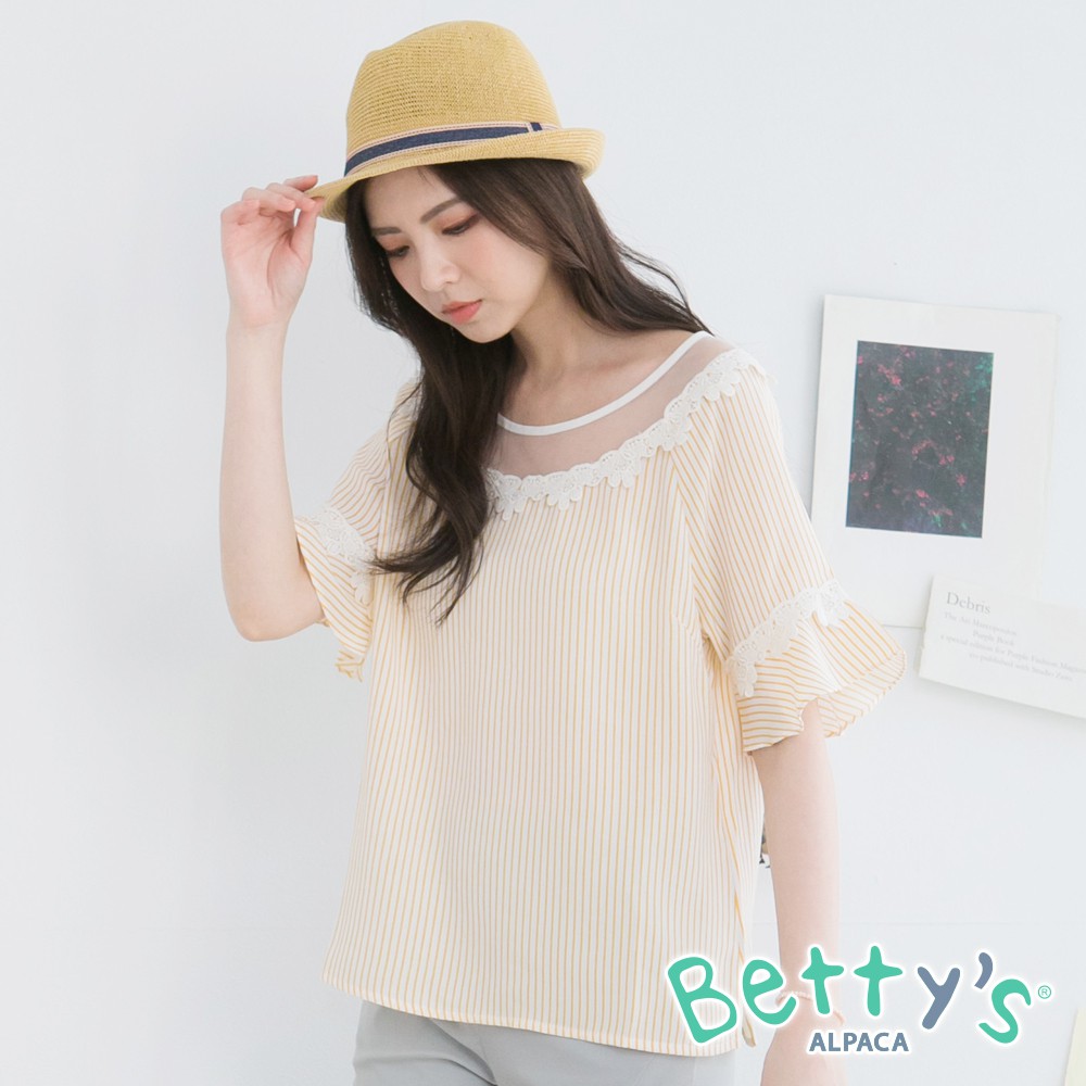 betty’s貝蒂思(91)蕾絲網紗拼接條紋上衣(黃色)