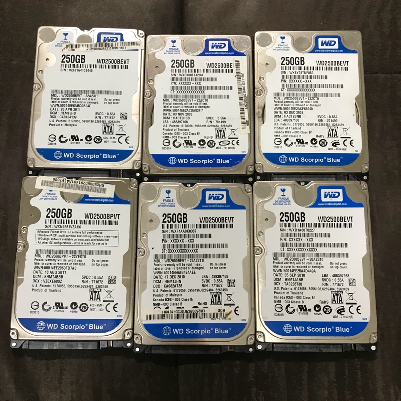 ［二手硬碟］WD藍標2.5吋筆電用250GB，保證良品，無壞軌，個保一個月，特賣1顆300元