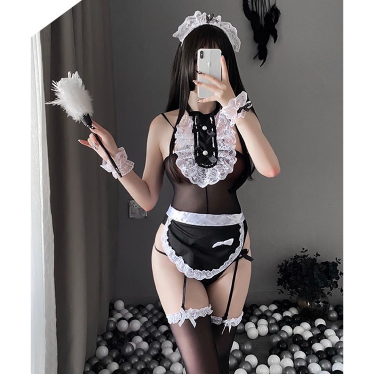 3094 性感蕾絲鏤空開檔免脫女僕女傭制服裝女僕連身衣cosplay 二次元軟妹繫帶情趣內衣性感透明綁帶連身衣