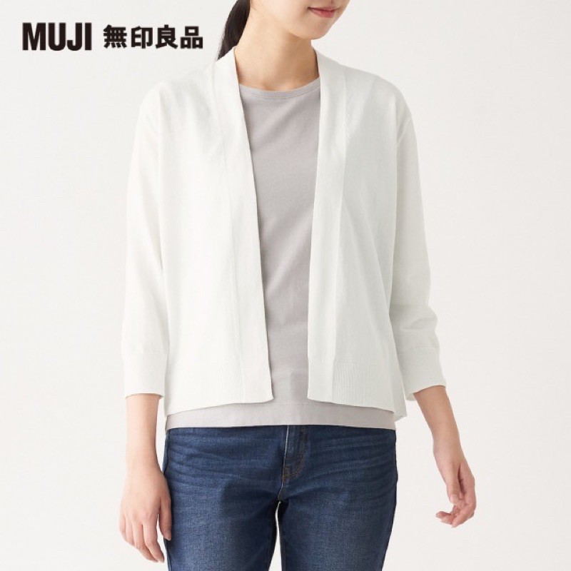 【MUJI 無印良品】女有機棉強撚短版開襟衫 白色