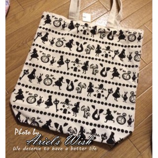 Ariel's Wish-日本迪士尼連線-時鐘兔子愛麗絲Alice黑白剪影復古風帆布購物袋肩背包手提包便當袋-現貨在台