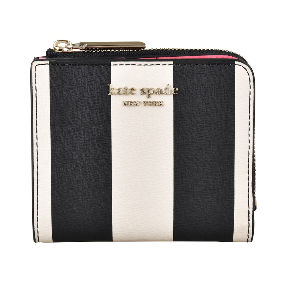 Kate Spade Spencer Stripe金字LOGO條紋設計牛皮 12卡拉鍊短夾(黑白x粉紅)